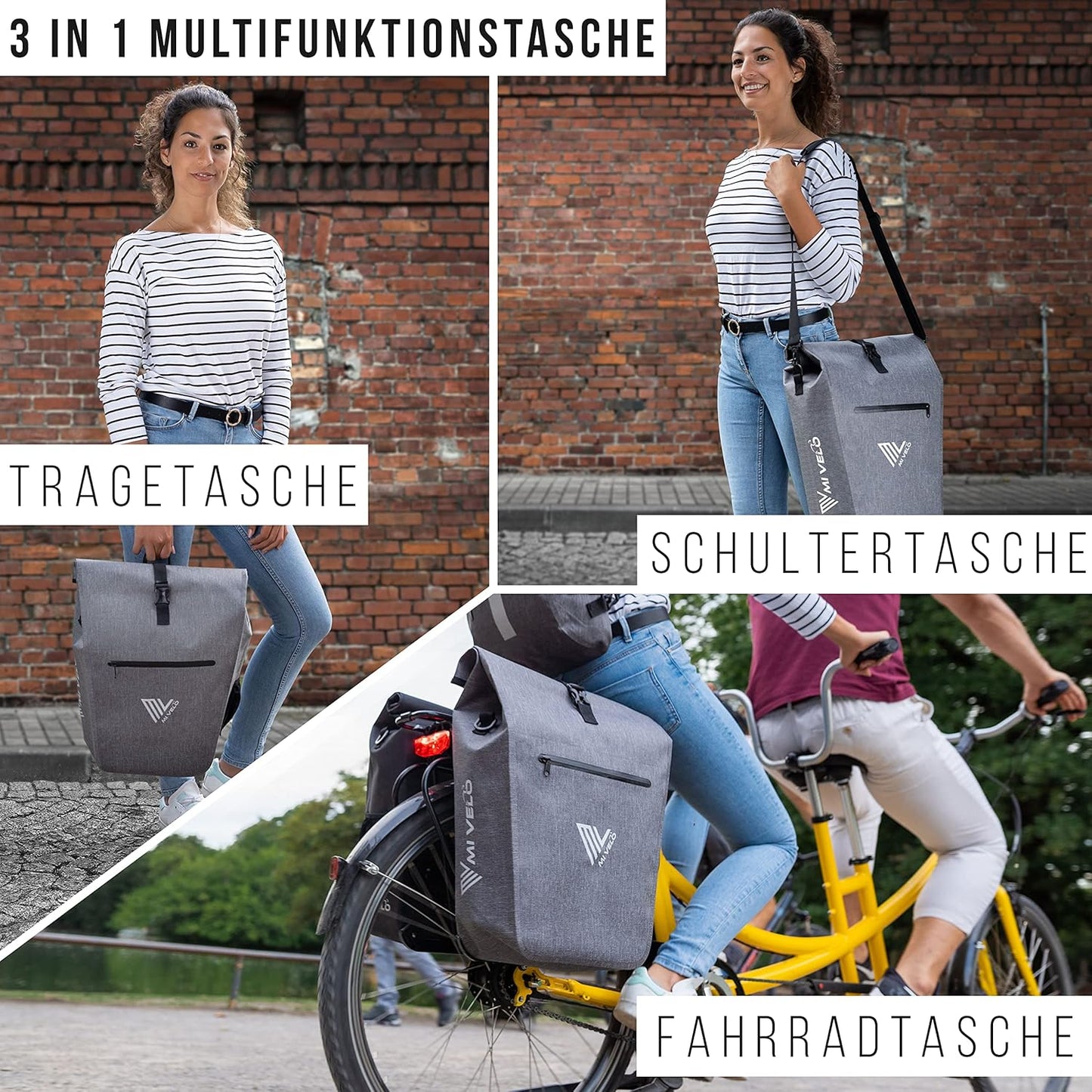 MIVELO Fietstas – Waterdicht – 25L – Met Laptopvak & Schouderriem – Grijs