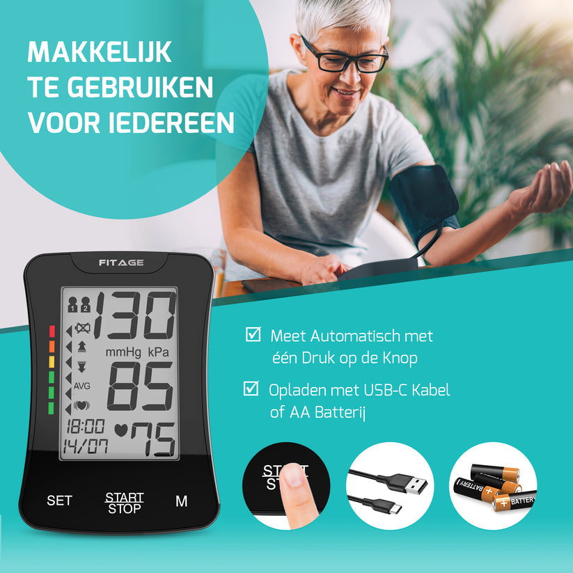 Fitage Bovenarm bloeddrukmeter - Nederlandse voorleesfunctie - Manchet 22–42 cm - Zwart
