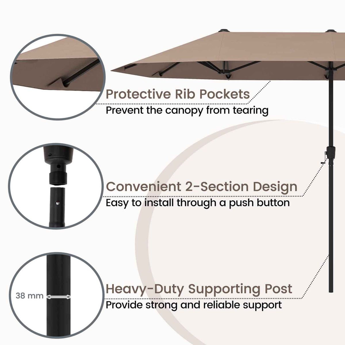 Coast Dubbele Parasol - rechthoekig - waterafstotend polyester - 400 x 215 cm - bruin