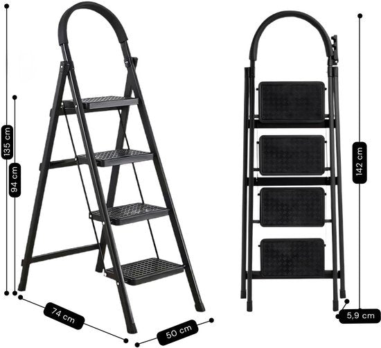 ToolX Huishoudtrap - Keukentrap - Staal- 4 treden- Inklapbaar - Anti-Slip - Opvouwbaar - Zwart