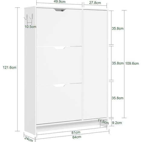 SoBuy Schoenenkast 84 x 24 x 121 cm - Wit - 3 Klepdeuren - 3 Laden - Ruimte voor 12 Paar Schoenen
