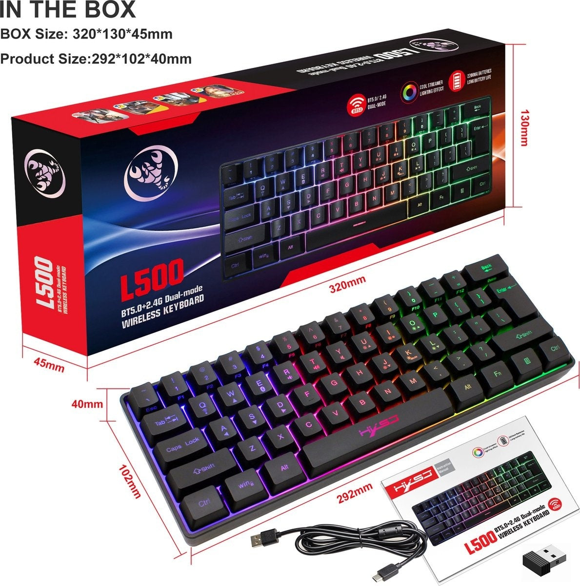 HXSJ L500 2.4GHz Membraan Draadloze Gaming Toetsenborden - RGB Bluetooth Toetsenbord - Tri modes - 61keys - Qwerty - Zwart