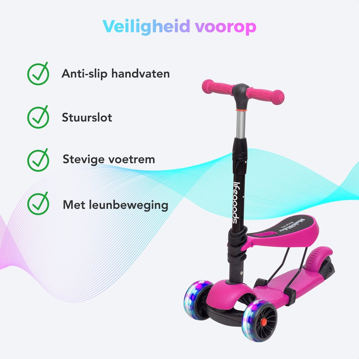 LifeGoods MultiRider Kinderstep - Step 3-8 Jaar - Verstelbaar Zitje - Lichtgevende Wielen - Jongens/Meisjes - Roze