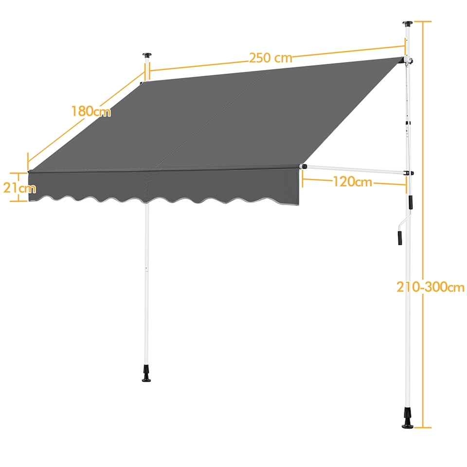 Yaheetech Klemzonnescherm Donkergrijs – Handmatig Uittrekbaar – 250 x 120 cm – Hoogte 210-300 cm