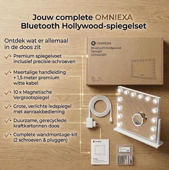 OMNIEXA Hollywood Spiegel 58×46cm – 15 LED Lampen – 3 Lichtkleuren – Dimbaar – 10x Vergroting – USB-C – Make Up Spiegel – Visagie Spiegel – Vanity – Wit