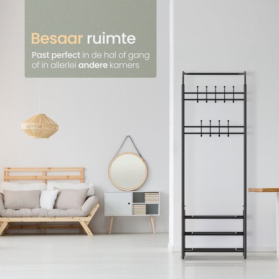 O'DADDY® kapstok staand – kapstokken - kapstok met schoenenrek – kapstok zwart - garderoberek - garderoberek met kapstok - garderoberek met schoenenrek- garderoberek metaal - 66 x 30 x 190 cm - zwart
