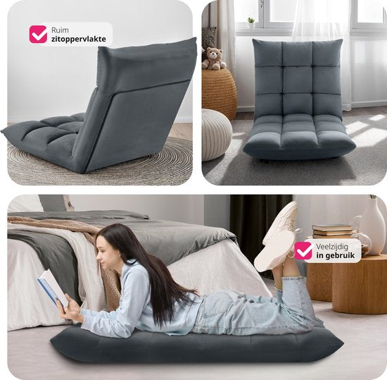 tectake® Relaxstoel - Relaxfauteuil - XXL vloerstoel - Opvouwbaar met ligfunctie - Vloerstoel met verstelbare rugleuning - Te gebruiken als fauteuil, zitkussen, vloerkussen, relaxligstoel of voor meditatie - Grijs