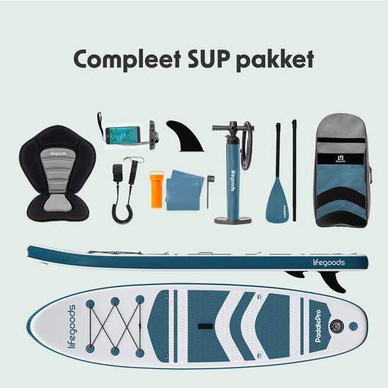 LifeGoods PaddlePro SUP Board - met Zitje - Opblaasbaar Paddle Board - Complete Set - Max. 135KG - 320x81cm - Wit/Deep Aqua