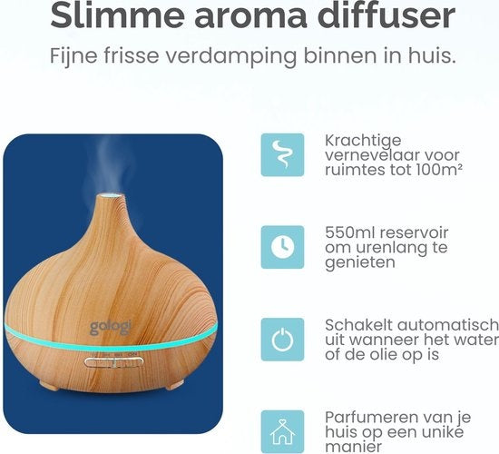 Gologi Slimme Aroma Diffuser - 550ML - Luchtbevochtiger - Geurverspreider - LED verlichting - Incl. 2 Etherische Oliën - Lichtbruin