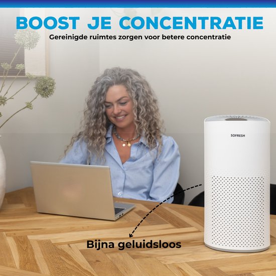 Sofresh – Luchtreiniger Met App – Voor Ruimtes Tot 30 m² & 6-in-1 Filtersysteem – Voorzien Van Hepa-filter En Luchtkwaliteitsindicator – 195 x 195 x 388 mm – Wit Kunststof