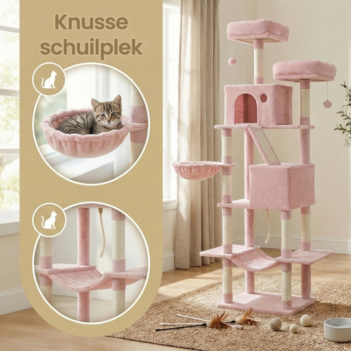 Joyfurnos Krabpaal 206 cm - XXL Kattentoren met 13 Krabstammen, 2 Kattenhuisjes & Hangmat - Roze