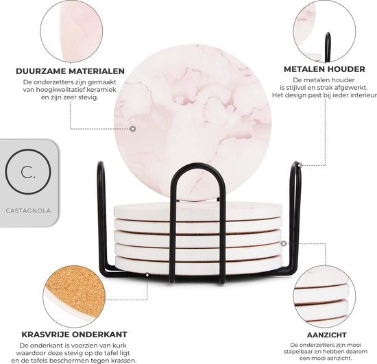 Castagnola Keramische Onderzetters met Houder – Onderzetters voor Glazen – Onderzetters Design – Onderzettersset – Drink Onderzetters – Keramisch – Kurk – Set van 6 – Roze/Wit