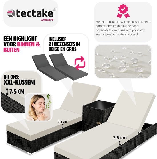 Tectake 2 luxe ligbedden met bijzettafel - Zwart - Inclusief beschermhoes - 401500