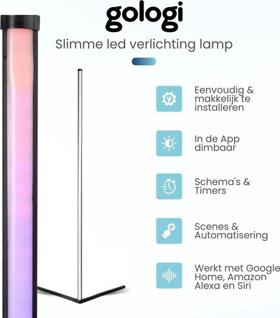 Gologi Slimme Vloerlamp LED - Hoeklamp - Industrieel - Staand - Woonkamer - Dimbaar - RGBW - Met App - Zwart