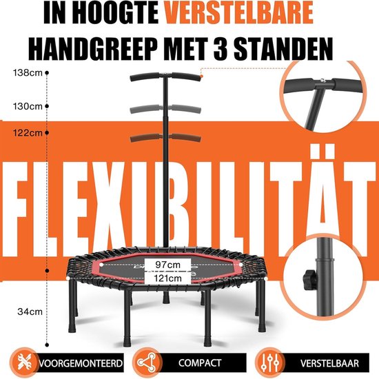 DH FitLife Opvouwbare Fitness Trampoline Ø121 cm – Indoor Trampoline zonder Installatie – Met 3 Verstelbare Handgrepen – Stevig & Stil, tot 150 kg, Voor Kinderen & Volwassenen