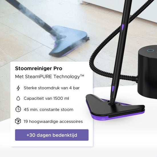 Motionflow Stoomreiniger PRO - Dieptereiniging met Verwarmingsfunctie - 1500W 1.5L Watertank - Handstomer voor Diepe Reiniging Vloer, Bank, Badkamer en Tapijt - Tapijtreiniger & Vlekkenreiniger - Zetelreiniger - Zwart