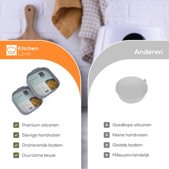 KitchenLove Airfryer Bakjes Siliconen XXL - 2 Stuks - Vierkant - Bakpapier Alternatief - Accessoires - BPA Vrij - 20CM