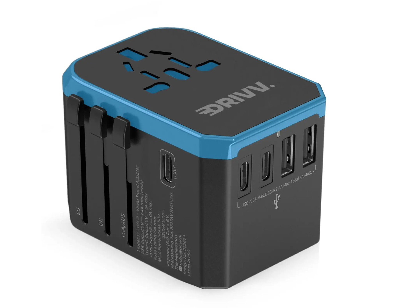 Drivv Universele Wereldstekker USB C - 6 Poorten - 2300W - Geschikt voor 150+ Landen