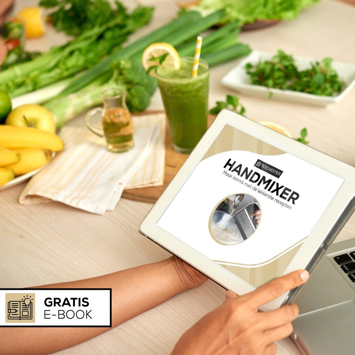 Rochester handmixer met mengkom - Keukenmachine - 5 Snelheden - Mixer Turbo - Incl. Kloppers, Deeghaken - RVS