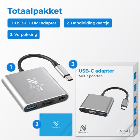 Nuvance USB C naar HDMI Adapter - USB C HDMI - USB Hub - UBS C naar USB A - 4K HDMI Splitter - PD100W Laptop Opladen