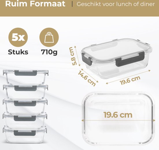Stosh Meal Prep Bakjes - Vershoudbakjes - Diepvriesbakjes - Luchtdicht - 5 Stuks - 1L - BPA Vrij - Glas