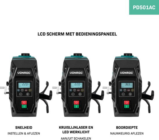 VONROC kolomboormachine 900W – tafelboormachine – digitaal bedieningspaneel met LCD scherm - kruislijnlaser en LED werkverlichting - Incl. snelspanklem, boorklem en parallelgeleider