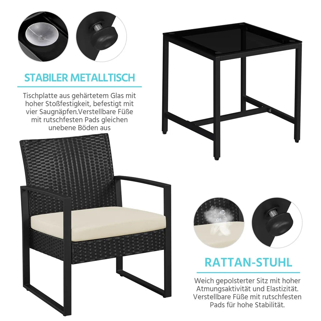 Yaheetech Tuinmeubelset 3-delig - Zwart/Beige - Polyrattan Balkonset met Bijzettafel en Glazen Tafelblad