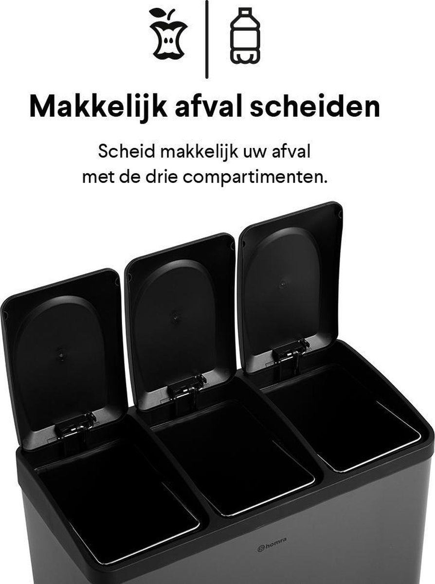 Homra Maxer Pedaalemmer 60 Liter - Grijze Prullenbak 3 vakken - Trio Prullenbak 3 X 20 Liter - Prullenbak Afvalscheiding - Vuilnisbak voor Huishouden en Kantoor - Recycle Vuilbak keuken Afvalemmer - Afvalscheidingsprullenbakken