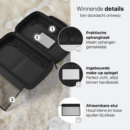 ONYX Toilettas Zwart - Make Up Tasje - Cosmetica Organizer - Slimme Indeling - Beautycase & Make-Up Spiegel - Toiletzak Hangbaar met Haak - Dames en Heren - Maat: M