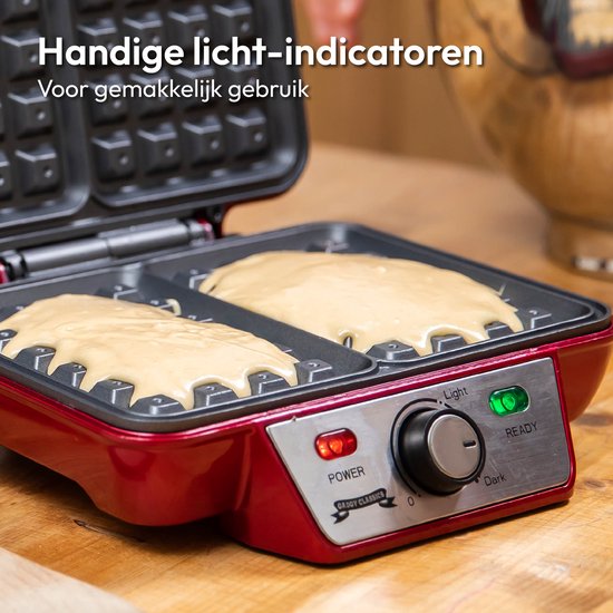Gadgy Retro Wafelijzer - Anti-Aanbaklaag - 1000 Watt - Regelbare Thermostaat - Rood - 25.6x23.7x9.6 cm