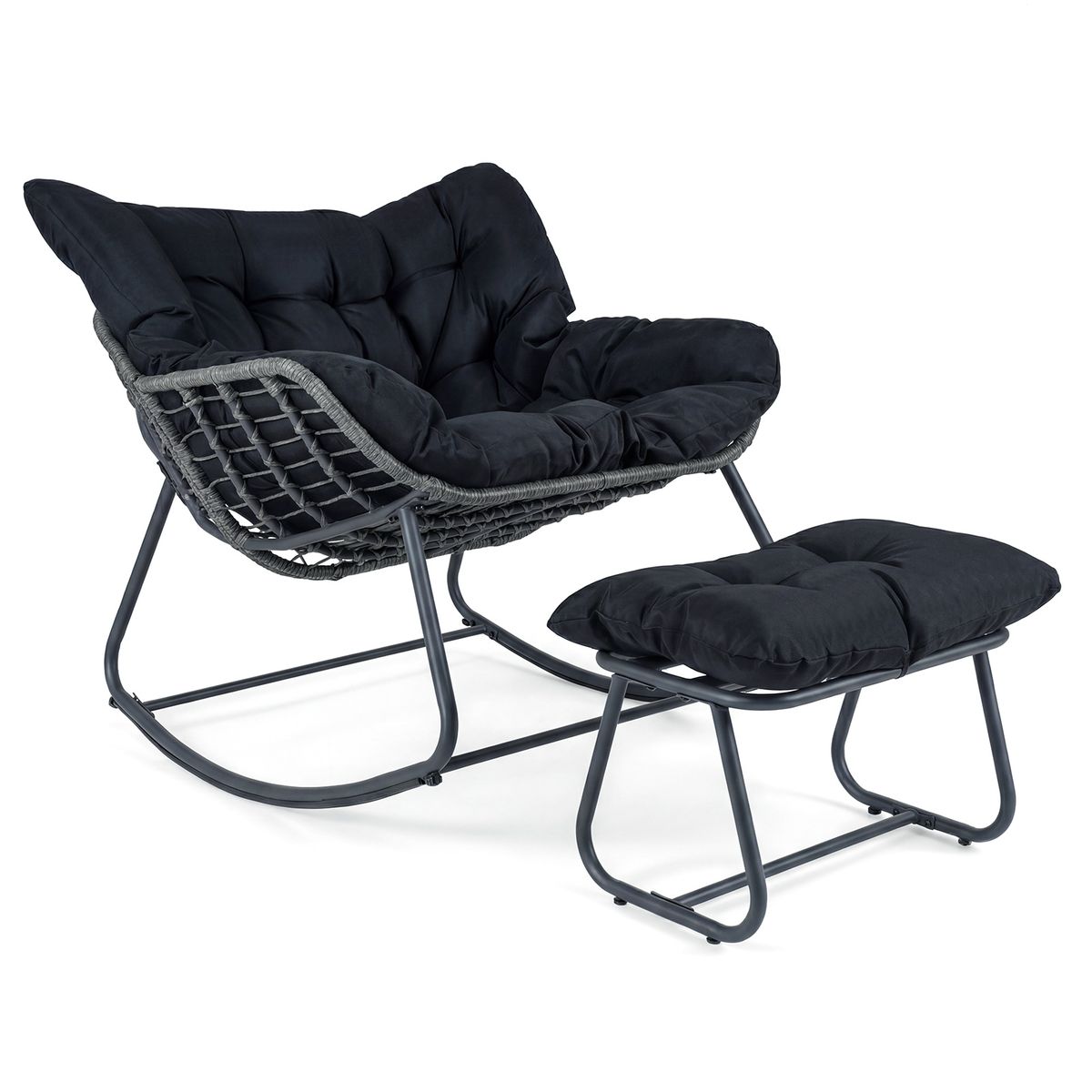 Coast schommelstoel met voetenbank - ergonomisch ontwerp - metalen frame met PE-rattan - zwart
