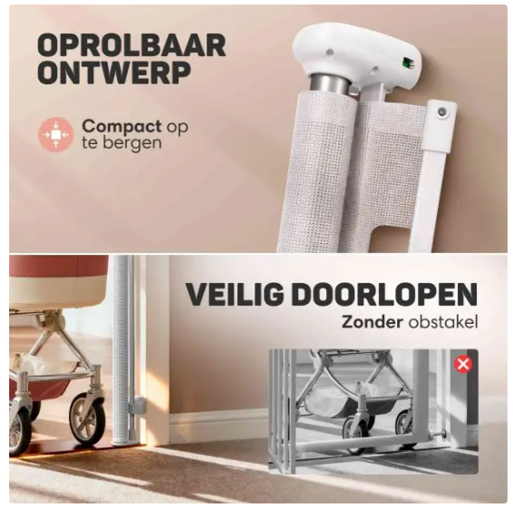 Vulpes Goods® – Oprolbaar Traphekje – 145 x 84 cm – Voorzien Van Push-En-Lock Kinderslot En Kleurindicator En Eénhandige Bediening – Voor Kinderen En Huisdieren – Wit Kunststof En Gaas