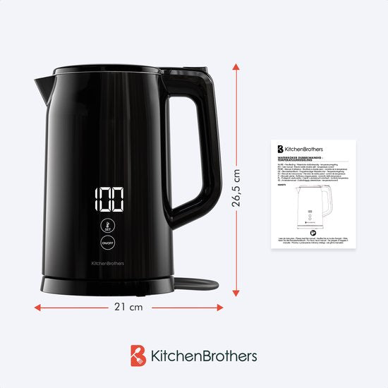 KitchenBrothers Waterkoker - Met Temperatuurregeling - Elektrisch - Kalkfilter - Warmhoudfunctie - Display - Dubbelwandig - Cool-touch - 1,7L - 2200W - Zwart
