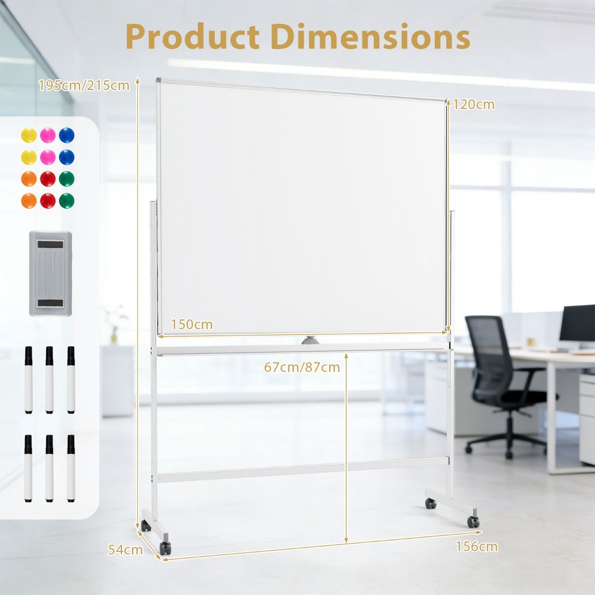 Coast Mobiel Whiteboard - Dubbelzijdig magnetisch bord - Verstelbare hoogte - Met wieltjes - Wit 150 x 120 cm