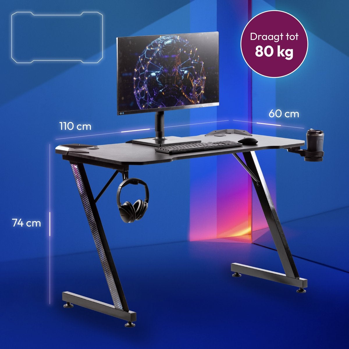 Gadgy Game Bureau Carbon - Gaming Bureau 110 CM Breed - Gaming Desk met Carbon Details - Gaming Tafel met Koptelefoonhouder, bekerhouder & kabeltunnel - Level Up Gamen met Gadgy - Zwart Carbon