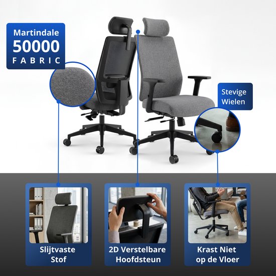 Backerz Ergonomische Bureaustoel - Bureaustoelen voor Volwassenen tot 160kg - Fabric Office Chair - NEN-EN1335