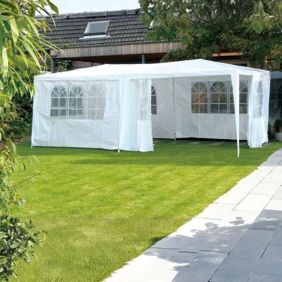 Kinzo Partytent 3x6 m - Tent Paviljoen voor 70 Personen - Tuinpaviljoen met 6 Zijwanden - Tuintent met Nokhoogte 2.5m - Feesttent Waterdicht en UV Bestendig - Wit