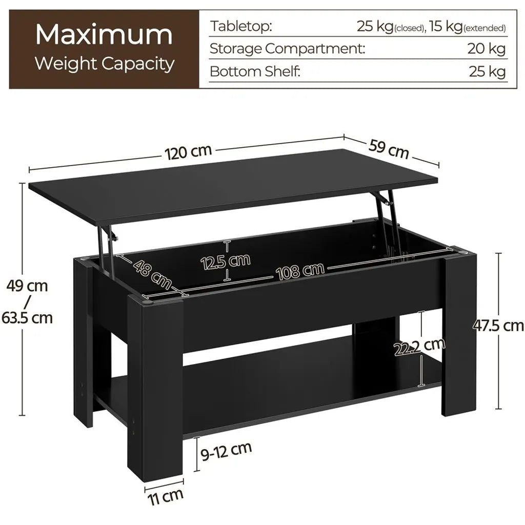 Yaheetech Salontafel 120 x 59 cm - Zwart - Verstelbare Salontafel met Opbergruimte en Liftmechanisme