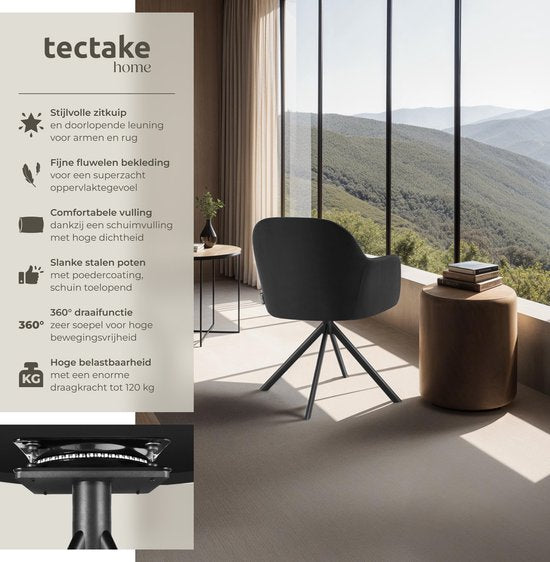 tectake® Fluwelen draaistoel - Bureaustoel - Eetkamerstoel met armleuningen - Fluwelen bureaustoel, keukenstoel, woonkamerstoel - 56 x 59 x 81 cm - Zwart/zwart