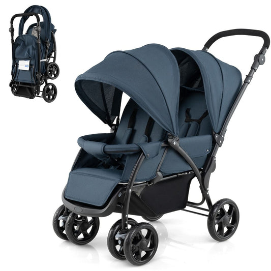 Coast Opvouwbare Dubbele Kinderwagen – Blauw – 123 x 57 x 95-110 cm – Verstelbare Rugleuningen & Duwbeugel – 5-Punts Veiligheidsgordels