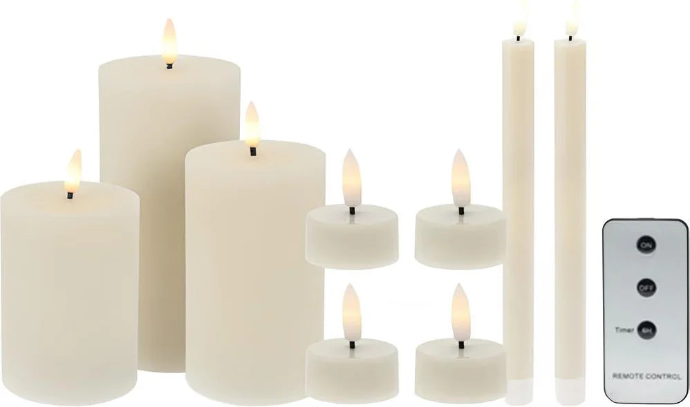 Flickering Flame LED Kaarsen Set van 9 Stuks met Afstandsbediening en Timer – Ivoor – Was