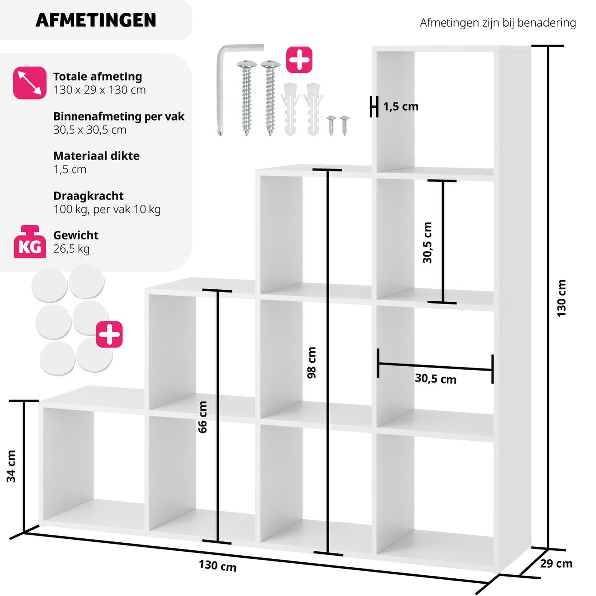 tectake boekenkast Talisa - Open kast met 10 vakken - Trapvormig design - 130 x 29 x 130 cm - Wit