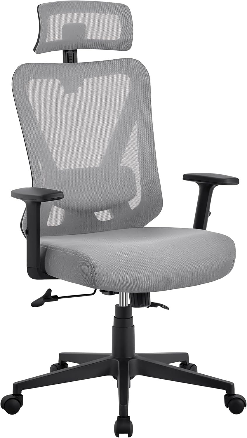 Yaheetech Ergonomische Bureaustoel met Verstelbare Lendensteun en Hoofdsteun 70 × 70 × 125 cm Lichtgrijs