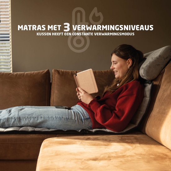 BREND BR-2230 Elektrische Massagemat en Kussen – Massagematras met Warmte, 5 Vibratiemodi en 3 Intensiteiten - Massagekussen – 170X55 CM – Grijs