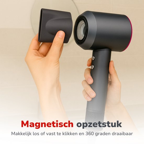 alpina Ionische Haardroger 1600W - Fohn met 3 Warmte Standen - Haar Droger met Cool Shot en Zelfreiniging - Hairdryer met 360° Magnetische Opzetstuk - Ionentechnologie - Grijs