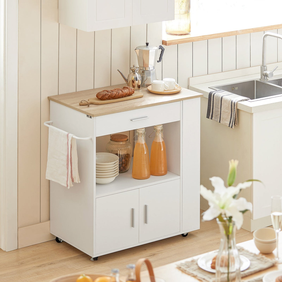 SoBuy Keukenwagen met 1 lade, 2 deuren & 3 opbergplanken - Max. 75KG - 75 x 46 x 83 cm - Wit