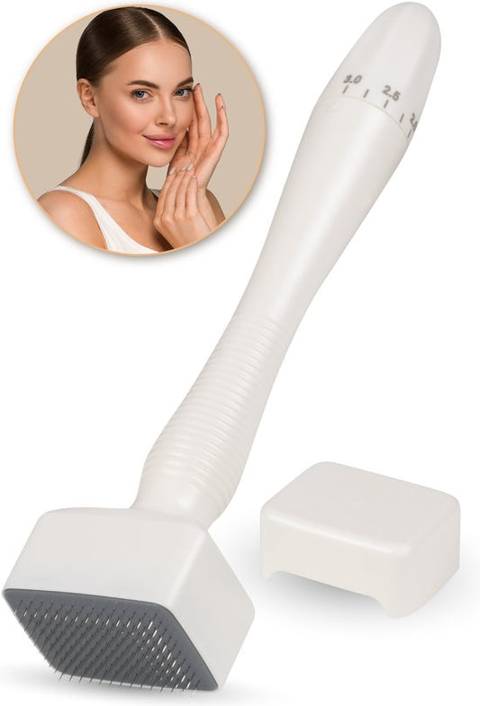 Nuvance - Dermastamp - Verstelbaar tussen 0,1mm en 3mm - Derma Stamp - 140 Naalden - Microneedling - Dermaroller - voor Huidverzorging, Haargroei en Baardgroei