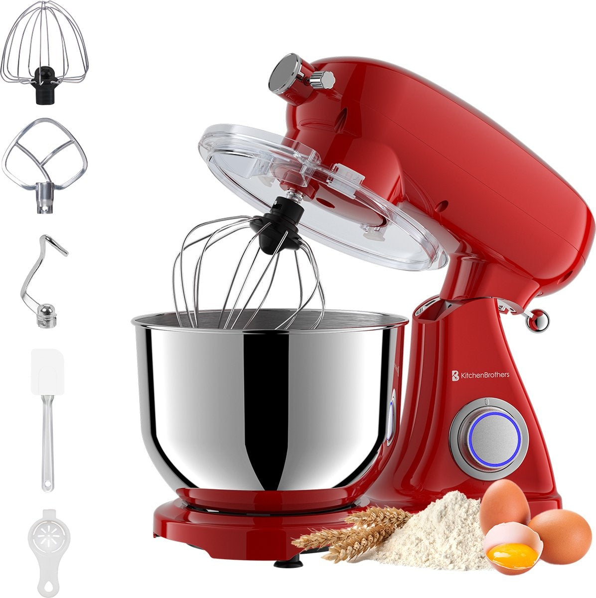 KitchenBrothers Keukenmachine - Keukenrobot - 6L Mengkom - 1800W - Aluminium - Rood
