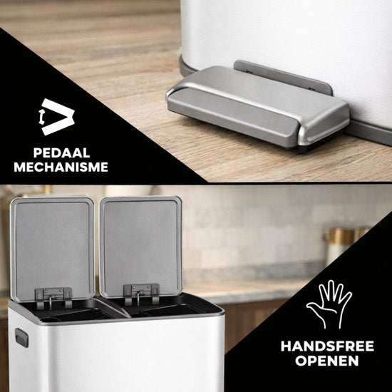 Bayt Prullenbak - Prullenbak 60 Liter (2x30) - Vuilnisbak 60 Liter - Pedaalemmer 60 Liter - Prullenbak Afvalscheiding - Prullenbak 2 Vakken - Afvalbak - RVS - Wit
