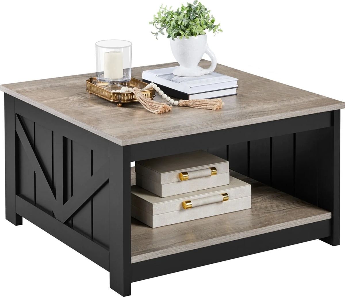 Yaheetech Salontafel Vierkant – 80 x 80 x 45 cm – Voorzien Van Ruim Opbergvak En Schuurdeur-Design En Houtnerf Fineer – Voor Woonkamer En Zithoek – Grijs E1 MDF